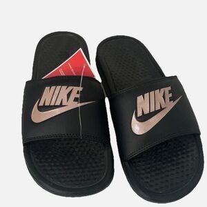 Nike Black Slide Sandals with Metallic Pink/Rose Gold Logo Women's Size 8 NWT
